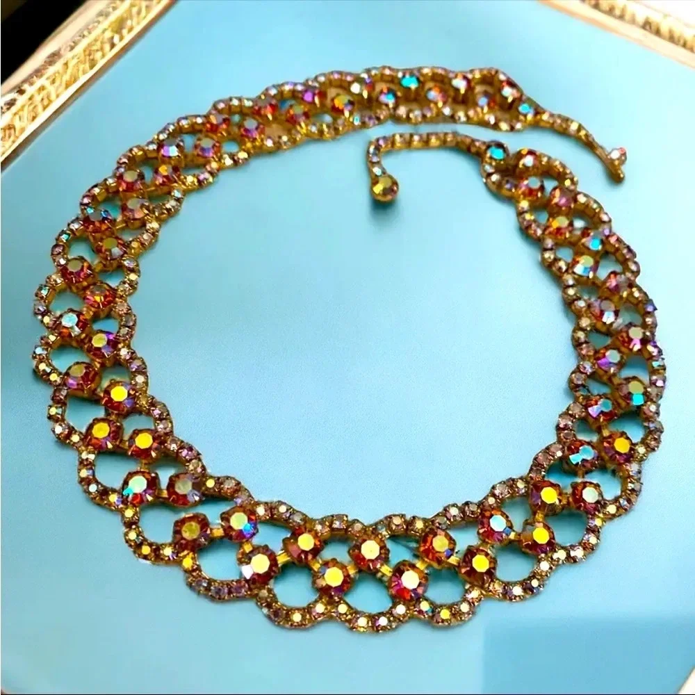 Vintage Hattie Carnegie Ab Aurora Borealis Rhinestone Collar Gold Tone Necklace